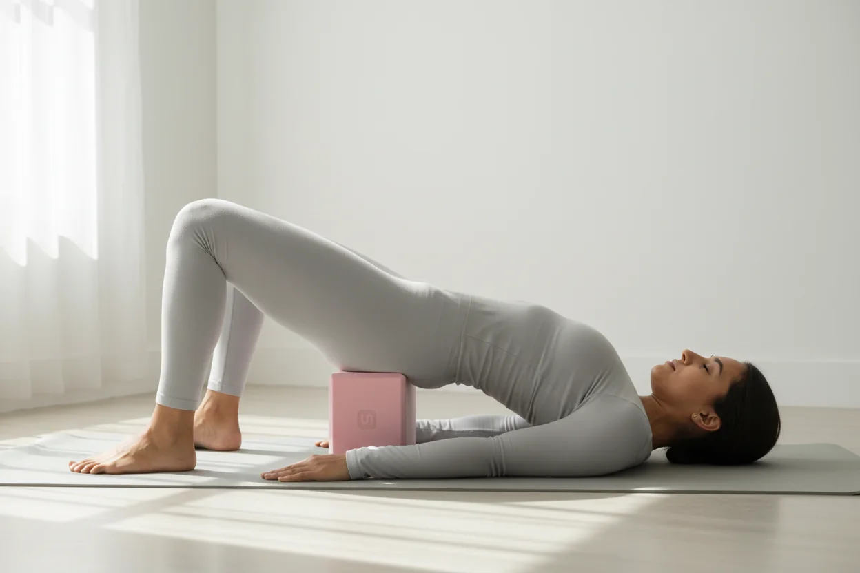 Person lying in a supported bridge with a pink yoga block under the sacrum